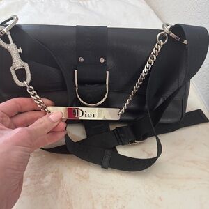 Vintage Dior Black Leather Bag with Silver Chain & Swarovski crystal buckle